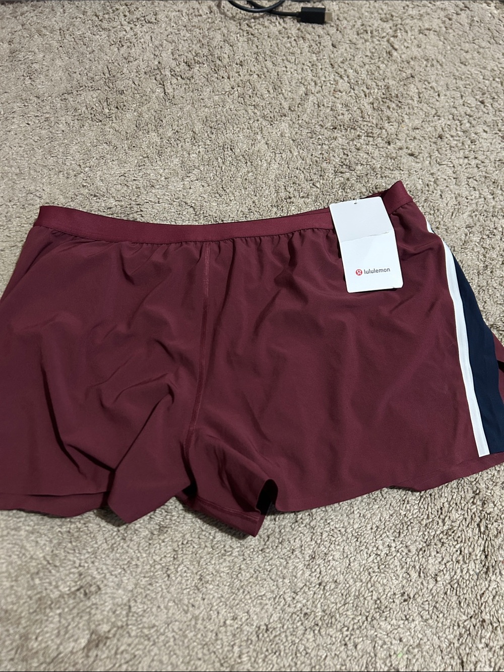 lululemon athletica Maroon Athletic Shorts with Navy & White Side Stripe